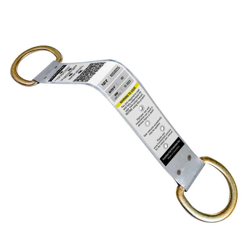 The Frontline Stainless Steel Permanent Roof Anchor by Frontline Fall Protection features 2 D-rings, a corrosion-resistant curved metal strap, and a white center label with safety instructions for use with safety harness systems.
