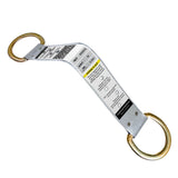The Frontline Stainless Steel Permanent Roof Anchor by Frontline Fall Protection features 2 D-rings, a corrosion-resistant curved metal strap, and a white center label with safety instructions for use with safety harness systems.