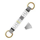 The Frontline Stainless Steel Permanent Roof Anchor with 2 gold D-Rings from Frontline Fall Protection ensures durability and corrosion resistance, featuring a white center label and comes with six silver nails for added safety.