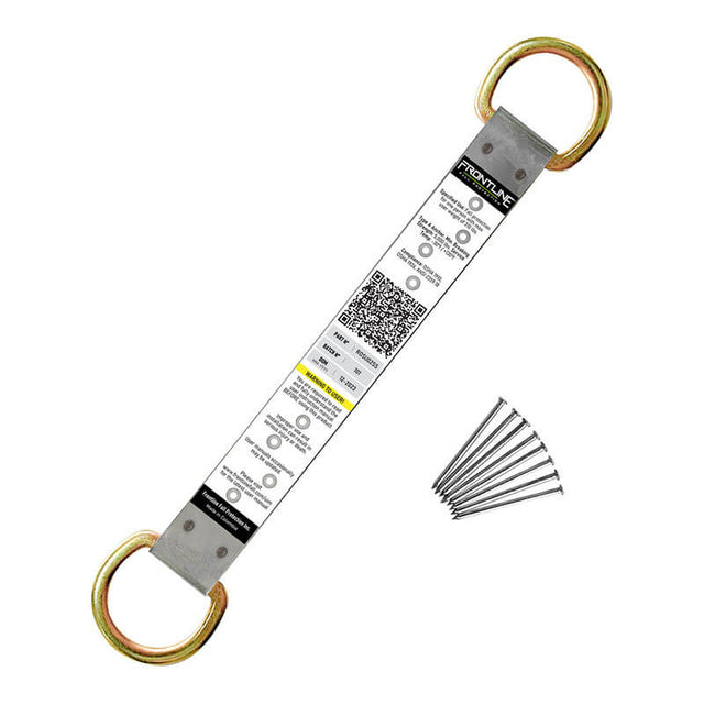 The Frontline Stainless Steel Permanent Roof Anchor with 2 gold D-Rings from Frontline Fall Protection ensures durability and corrosion resistance, featuring a white center label and comes with six silver nails for added safety.