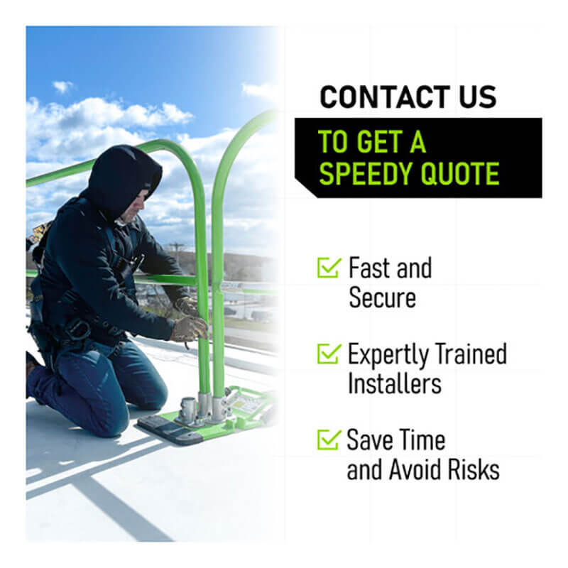 A worker in safety gear installs a Frontline Fall Protection Guardrail System Non-Penetrating Complete 100' Kit on a rooftop. Text reads: "Contact us for a speedy quote—fast, secure fall prevention with expert installers. Save time—avoid risks.