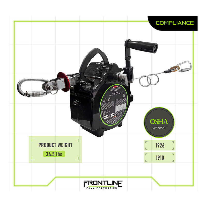 The Frontline Fall Protection Elite 2-Person 60' Temporary Horizontal Lifeline System features galvanized steel cable, carabiners, handle, is OSHA compliant (codes 1926, 1910), weighs 34.5 lbs, and is suitable for fall arrest.