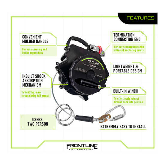 The Frontline Elite 2-Person 60' Temporary Horizontal Lifeline System by Frontline Fall Protection features a molded handle, carabiner, galvanized steel cable, built-in winch, shock absorption, lightweight build, and easy installation.