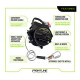 The Frontline Elite 2-Person 60' Temporary Horizontal Lifeline System by Frontline Fall Protection features a molded handle, carabiner, galvanized steel cable, built-in winch, shock absorption, lightweight build, and easy installation.