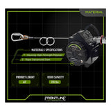 The image shows the Frontline Fall Protection Elite 2-Person 60' Temporary Horizontal Lifeline System with galvanized wire cable, carabiner, high-strength polymer housing, and a 310-lb user capacity. The FRONTLINE logo appears onscreen.