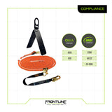 The Frontline Combat Premium Roofers Kit with 50' VLL RK110V50 features an orange safety rope, black anchoring strap, metal connectors, and OSHA/ANSI compliance—perfect for roofers. Branded with the Frontline Fall Protection logo at the bottom.