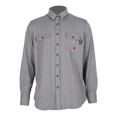 Introducing the ForgeFR Ladies Knit Shirt LFRB1PS026 in gray, a stylish addition to your FR shirts collection. This workwear shirt features long sleeves, two chest pockets, and a subtle red logo on the left side. With its classic collar and black buttons, it combines both style and safety seamlessly.