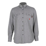 The ForgeFR Forge FR Ladies Knit Shirt (LFRB1PS026) is a gray, long-sleeve, collar shirt designed for functionality and style. It features two chest pockets with button flaps and a small red logo on the left side, providing flame-resistant protection in a fashionable design.