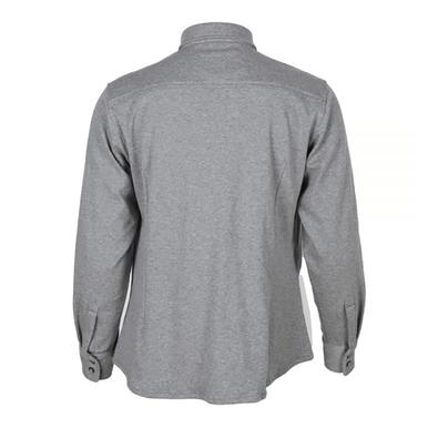 Back view of the ForgeFR Ladies Knit Shirt LFRB1PS026, a long-sleeve flame-resistant shirt in gray, featuring a collar and buttoned cuffs, displayed on a plain white background.