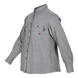 The ForgeFR Forge FR Ladies Knit Shirt LFRB1PS026 is a gray long-sleeve button-up shirt with a collar and two chest pockets. One pocket is accented with a small red logo. Designed as ideal workwear, it offers flame resistance for both style and safety. It is displayed on an invisible mannequin against a white background.