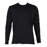 The ForgeFR product, a black Forge FR Ladies Crew Neck Tee (model LFRCNT-001), is displayed on a white background. This long-sleeve shirt features a simple design with no visible logos or patterns and meets NFPA 2112 standards for flame-resistant clothing, offering an arc rating ATPV of 11 cal/cm².