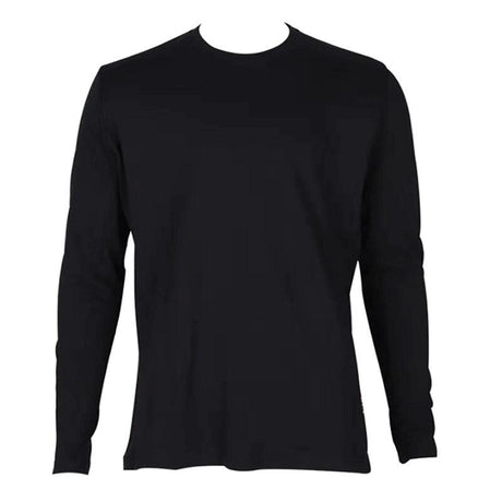 The ForgeFR Ladies Crew Neck Tee LFRCNT-001, a plain black fitted long-sleeve shirt, is displayed against a white background. It features a simple round neck design and is crafted from flame-resistant material with an Arc Rating ATPV of 11 cal/cm², ensuring safety without any visible logos or patterns.