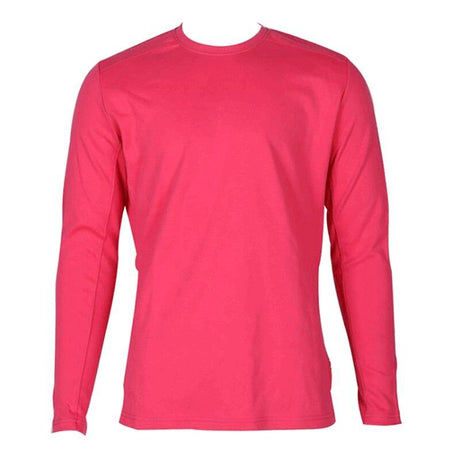 The ForgeFR Ladies Crew Neck Tee LFRCNT-001 is a bright pink, long-sleeve shirt displayed against a white background. This flame-resistant garment has a minimalistic design with no visible patterns or logos, providing safety while maintaining style.