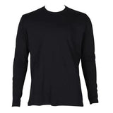 The ForgeFR Ladies Crew Neck Tee LFRCNT-001 is a plain black long-sleeve shirt on a white background, made from flame-resistant material. This shirt features a round neck without any visible logos or designs and complies with NFPA 2112 safety standards.