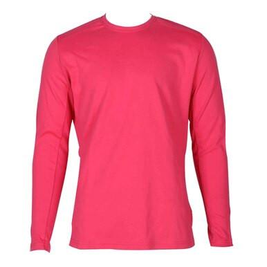 A plain flame-resistant ForgeFR Ladies Crew Neck Tee LFRCNT-001 in red, showcased against a white background. This shirt by ForgeFR boasts a simple, classic design with a round neckline and an Arc Rating ATPV of 11 cal/cm², combining both style and safety.