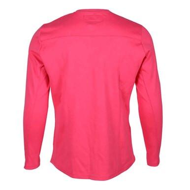 A vibrant pink long-sleeve shirt, photographed from behind to highlight its crew neckline and minimalist design. The ForgeFR Ladies Crew Neck Tee LFRCNT-001 is flame-resistant, smooth, and lightweight with an Arc Rating ATPV 11 cal/cm2, providing style along with crucial protection.