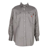 The ForgeFR Ladies Solid Snap Shirt LFRSLD is a long-sleeved gray button-up, designed with two chest pockets that each feature a flap and snap closure. Constructed with durable aramid sewing thread, it bears the NFPA 2112 certification mark along with a small red flame logo on the left pocket.