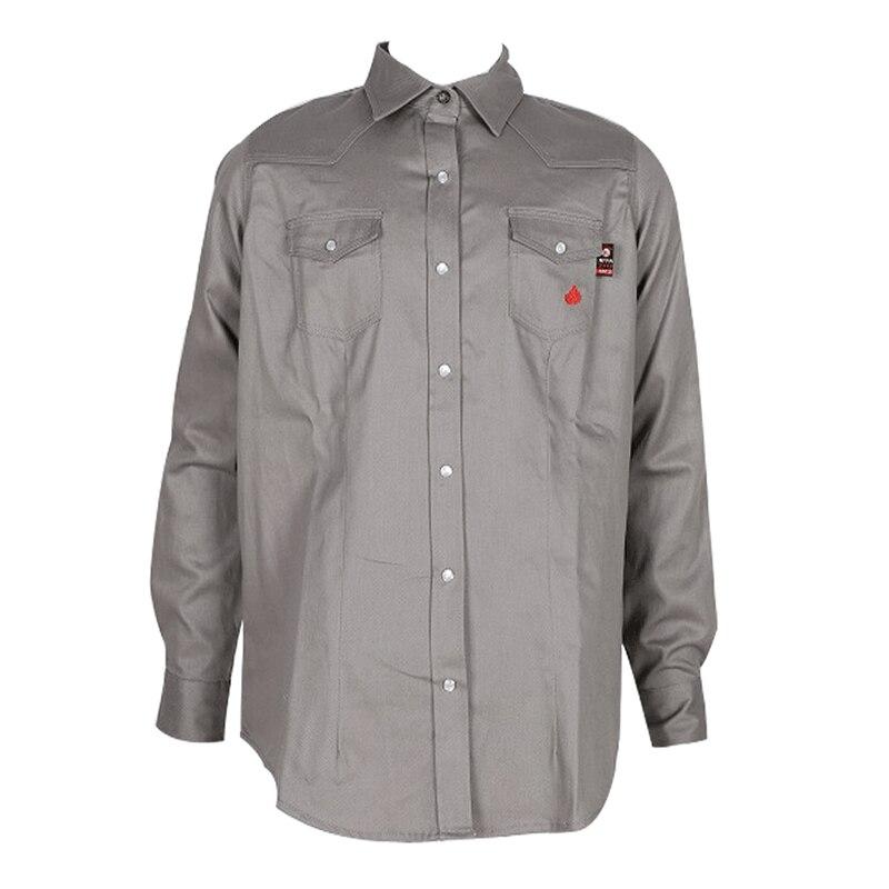 The ForgeFR Ladies Solid Snap Shirt LFRSLD is a gray button-up FR shirt designed with long sleeves and equipped with two chest pockets. It has detailed aramid sewing thread stitching and a small red logo on the left pocket, ensuring compliance with NFPA 2112 safety standards.