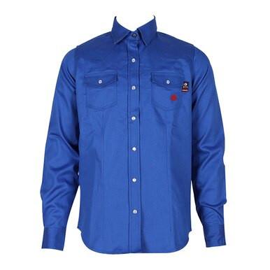 The ForgeFR Ladies Solid Snap Shirt LFRSLD is a blue FR shirt featuring long sleeves and a collared button-up design. It includes two front chest pockets with snap closures, sewn using durable aramid sewing thread, and sports a small red emblem on the left pocket. Crafted to meet NFPA 2112 standards, this shirt offers both safety and classic style.