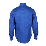 The ForgeFR Forge FR Ladies Solid Snap Shirt LFRSLD is a long-sleeve, snap-up blue FR shirt shown from the back. It showcases a yoke design and snap cuffs, crafted with durable aramid sewing thread to ensure safety and quality in compliance with NFPA 2112 standards.