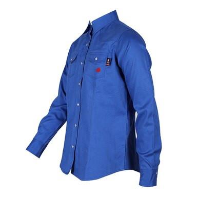 ForgeFR presents the Forge FR Ladies Solid Snap Shirt LFRSLD, a blue long-sleeve button-up FR shirt featuring two chest pockets. Displayed on an invisible mannequin and slightly angled to the side, this shirt is crafted with durable aramid sewing thread for NFPA 2112 flame resistance compliance.