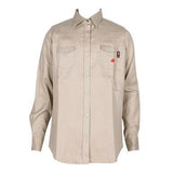 Introducing the ForgeFR "Forge FR Ladies Solid Snap Shirt LFRSLD": This beige long-sleeve fire-resistant shirt features a classic collar and two chest pockets with button flaps. Each pocket is adorned with a small embroidered logo, crafted using durable aramid sewing thread. The design complies with NFPA 2112 standards, photographed against a plain backdrop.