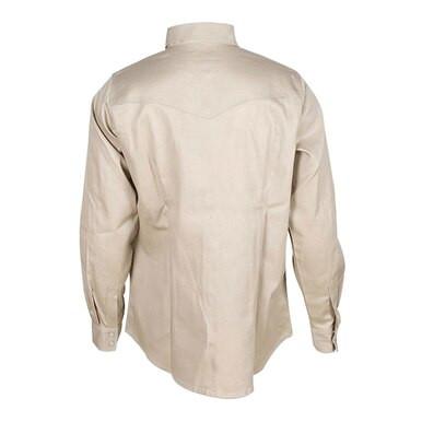 The Beige Forge FR Ladies Solid Snap Shirt LFRSLD by ForgeFR showcases a western-style pointed yoke design from the back view. It features buttoned cuffs, a straight hem, and is crafted from what appears to be cotton. The shirt is expertly stitched with aramid sewing thread for enhanced durability.