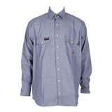 Introducing the ForgeFR Chambray Shirt MFRCLS0010: a long-sleeved blue workwear shirt designed with two chest pockets, each adorned with small patches. This FR clothing features a standard collar and straight cut, combining style and safety seamlessly.