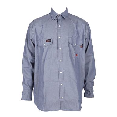 The ForgeFR Chambray Shirt MFRCLS0010 is a key piece from our Flame Resistant Clothing line, showcasing a blue chambray design with a button-up front and two chest pockets secured by button closures. Distinctive small black and red tags above the left pocket and a white tag above the right pocket add to its functional workwear appeal.