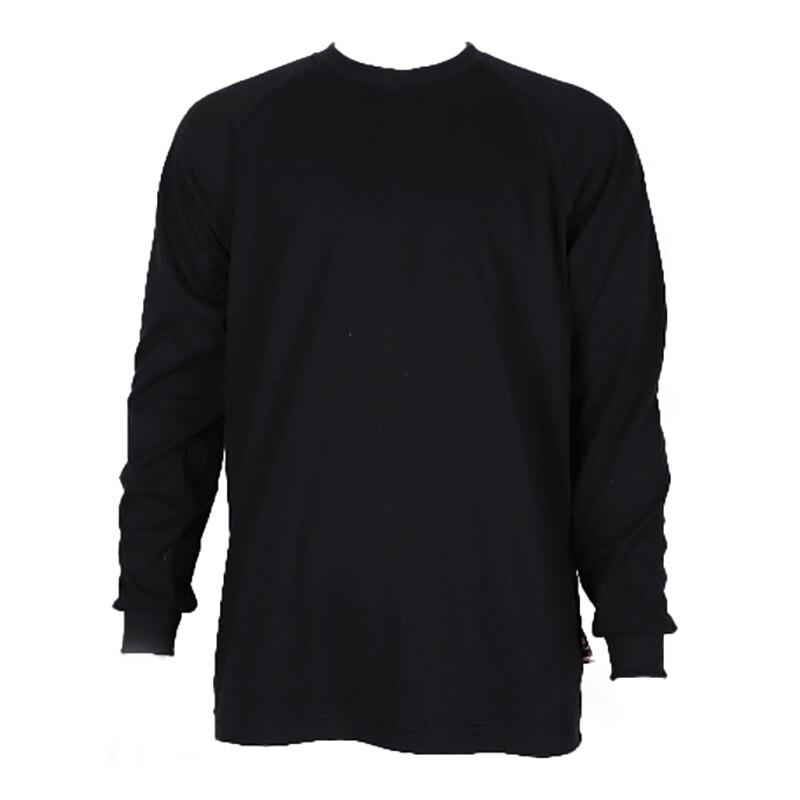 A black, long-sleeve crew neck sweater called the ForgeFR Crew Neck Tee MFRCNT-009 is displayed against a white background. This 6.5 oz tee appears plain with no visible patterns or logos, meeting safety standards for both style and protection.