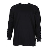 A black, long-sleeve crew neck sweater called the ForgeFR Crew Neck Tee MFRCNT-009 is displayed against a white background. This 6.5 oz tee appears plain with no visible patterns or logos, meeting safety standards for both style and protection.