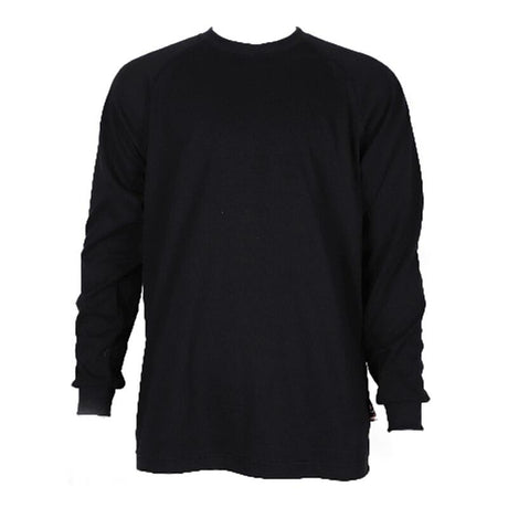 The ForgeFR Crew Neck Tee MFRCNT-009 is a black long-sleeve shirt featuring a classic crew neck design. Displayed on a white background, this 6.5 oz tee combines simplicity and safety without any visible logos or patterns, ideal for those who value both style and protection.