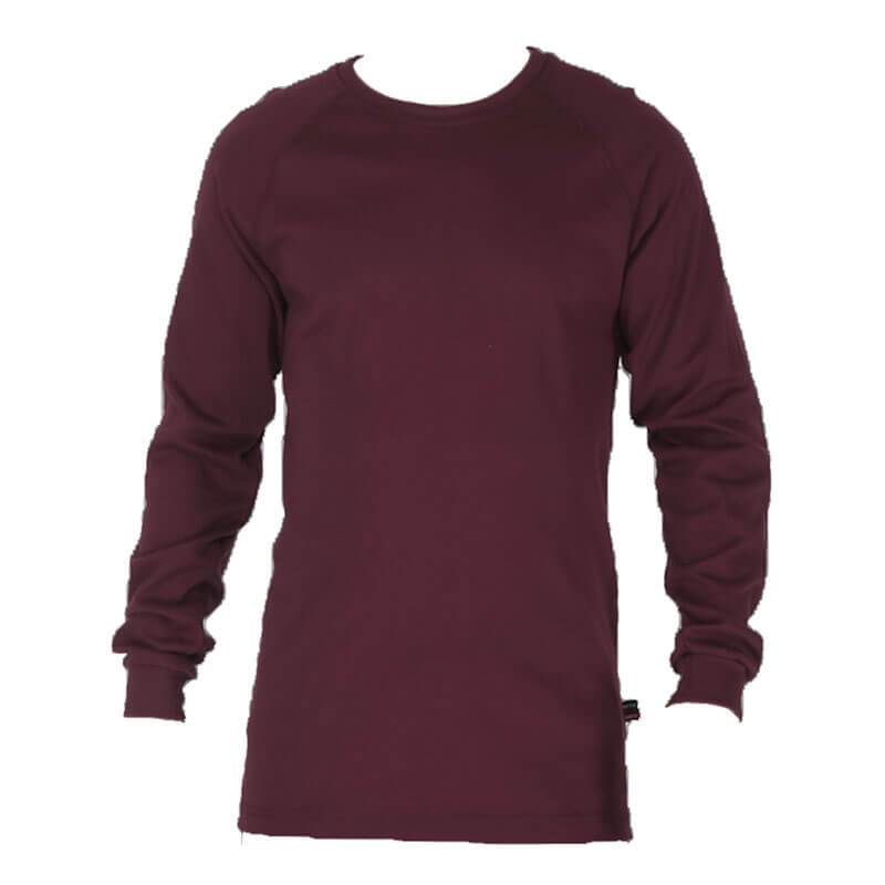 The ForgeFR Crew Neck Tee MFRCNT-009 is a long-sleeve, burgundy sweatshirt displayed on a white background, featuring a round neckline and ribbed cuffs. This UL classified NFPA 2112 garment ensures safety without sacrificing style.