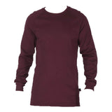 The ForgeFR Crew Neck Tee MFRCNT-009 is a burgundy long-sleeve sweater with a crew neck, displayed on a white background. This 6.5 oz tee is UL classified NFPA 2112 and features an arc-rated ATPV of 11 cal/cm². It seamlessly combines comfort with safety, making it ideal for various occasions.