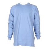 The ForgeFR Crew Neck Tee MFRCNT-009 is displayed on a plain white background in a light blue color, featuring long sleeves that are slightly wrinkled for a relaxed fit. This shirt, with its basic design and round neck, offers safety features with an arc rating of ATPV 11 cal/cm² and UL classified NFPA 2112 for additional protection.