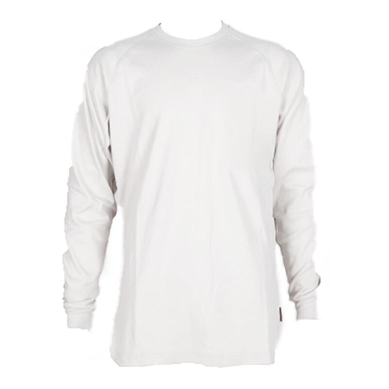 The ForgeFR Forge FR Crew Neck Tee MFRCNT-009 is a plain, long-sleeve white shirt showcased against a white background. It features a minimalist design without any visible patterns or logos and complies with UL classified NFPA 2112 safety standards.