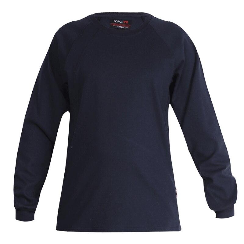 A black long-sleeve ForgeFR crew neck shirt (MFRCNT-009) is displayed against a white background. This UL classified NFPA 2112 tee features a minimalist design with no visible patterns or logos, aside from a small tag on the right side seam, and it is arc rated ATPV 11 cal/cm².