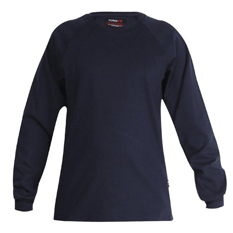 The ForgeFR Crew Neck Tee MFRCNT-009, a black long-sleeve shirt, is displayed on a plain background. It features ribbed cuffs and a simple, casual design. This shirt is UL classified NFPA 2112 and provides an arc-rated ATPV of 11 cal/cm², ensuring safety without sacrificing style.