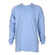 The ForgeFR Crew Neck Tee, model MFRCNT-009, is depicted on a white backdrop as a plain light blue long-sleeve shirt with a subtle design. This 6.5 oz FR crew neck tee includes ribbed cuffs and combines safety and style seamlessly. It meets UL classified NFPA 2112 standards and maintains a clean look without visible logos or patterns.