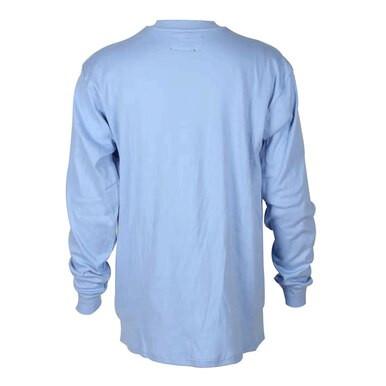 Back view of a light blue ForgeFR long-sleeve T-shirt, model MFRCNT-009, showcasing an FR 6.5 oz crew neck tee design, set against a plain white background.