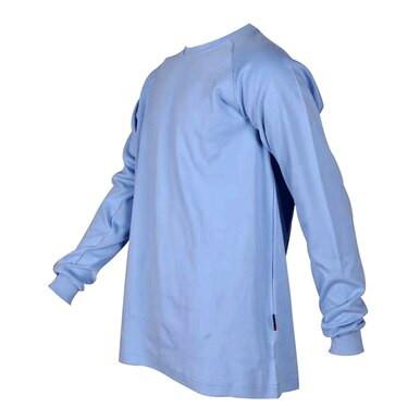 The ForgeFR Crew Neck Tee, model MFRCNT-009, is a light blue long-sleeve shirt displayed against a plain white background. UL classified NFPA 2112, it is made of 6.5 oz cotton and features ribbed cuffs with a relaxed fit. For added safety and comfort, it has an arc rated ATPV of 11 cal/cm².