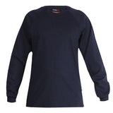 The ForgeFR Crew Neck Tee MFRCNT-009 is a dark blue long-sleeve sweatshirt featuring a crew neck and ribbed cuffs. Designed to meet the UL classified NFPA 2112 standards for safety, this stylish piece provides both comfort and protection with an arc rated ATPV of 11 cal/cm². Displayed on a white background, it's an ideal choice for those prioritizing safety and style.