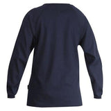 View from the back of the ForgeFR Forge FR Crew Neck Tee MFRCNT-009, featuring a simple, classic long-sleeve design in navy blue. This 6.5 oz crew neck shirt combines comfort and style while meeting UL classified NFPA 2112 safety standards. Made from soft and comfortable fabric, it offers added protection with an arc rating of ATPV 11 cal/cm².