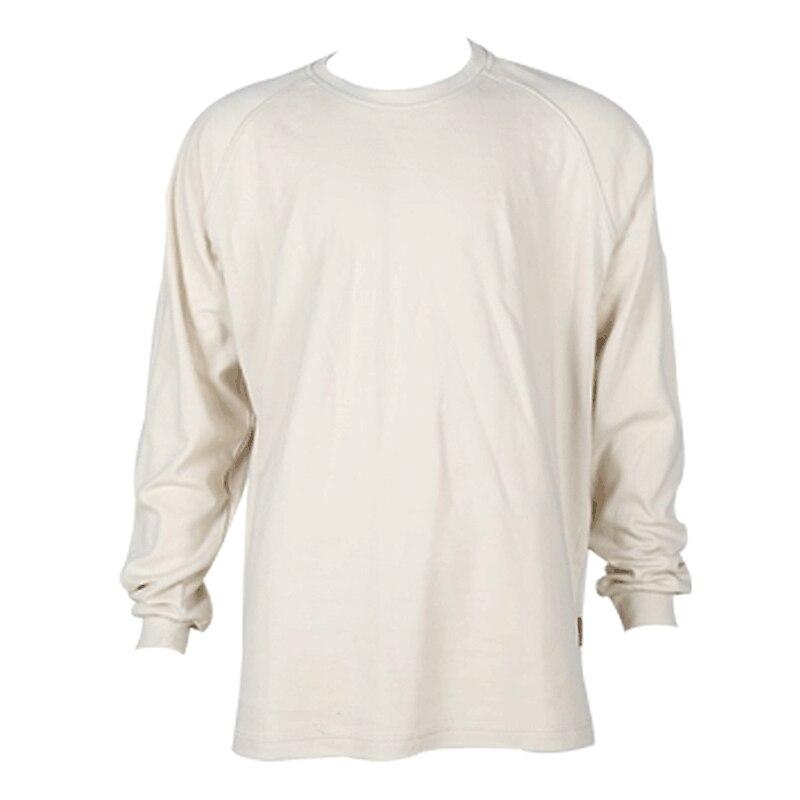 Displayed on a white background, the ForgeFR Crew Neck Tee MFRCNT-009 is a plain off-white long-sleeve shirt featuring a crew neckline. This 6.5 oz tee includes ribbed cuffs and offers a relaxed fit while ensuring safety through its UL classified NFPA 2112 compliance, seamlessly blending protection with style.