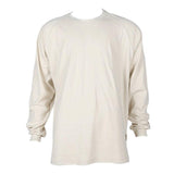 Displayed on a white background, the ForgeFR Crew Neck Tee MFRCNT-009 is a plain off-white long-sleeve shirt featuring a crew neckline. This 6.5 oz tee includes ribbed cuffs and offers a relaxed fit while ensuring safety through its UL classified NFPA 2112 compliance, seamlessly blending protection with style.