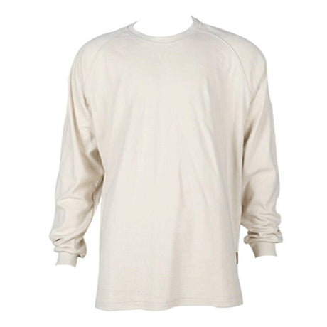 Displayed on a white background, the ForgeFR Crew Neck Tee MFRCNT-009 is a plain off-white long-sleeve shirt featuring a crew neckline. This 6.5 oz tee includes ribbed cuffs and offers a relaxed fit while ensuring safety through its UL classified NFPA 2112 compliance, seamlessly blending protection with style.