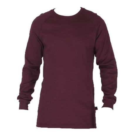 The ForgeFR Forge FR Crew Neck Tee MFRCNT-009 is displayed on a white background, highlighting its rich burgundy color. This long-sleeve tee features a round neckline and is crafted from soft fabric. It holds the UL classification NFPA 2112 and boasts an impressive arc rating of ATPV 11 cal/cm², ensuring both safety and style.