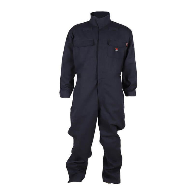 The ForgeFR 7.5 Oz Coverall, model MFRCVRL-0014, in black, featuring long sleeves, a high collar, and multiple pockets, is displayed against a plain white background.