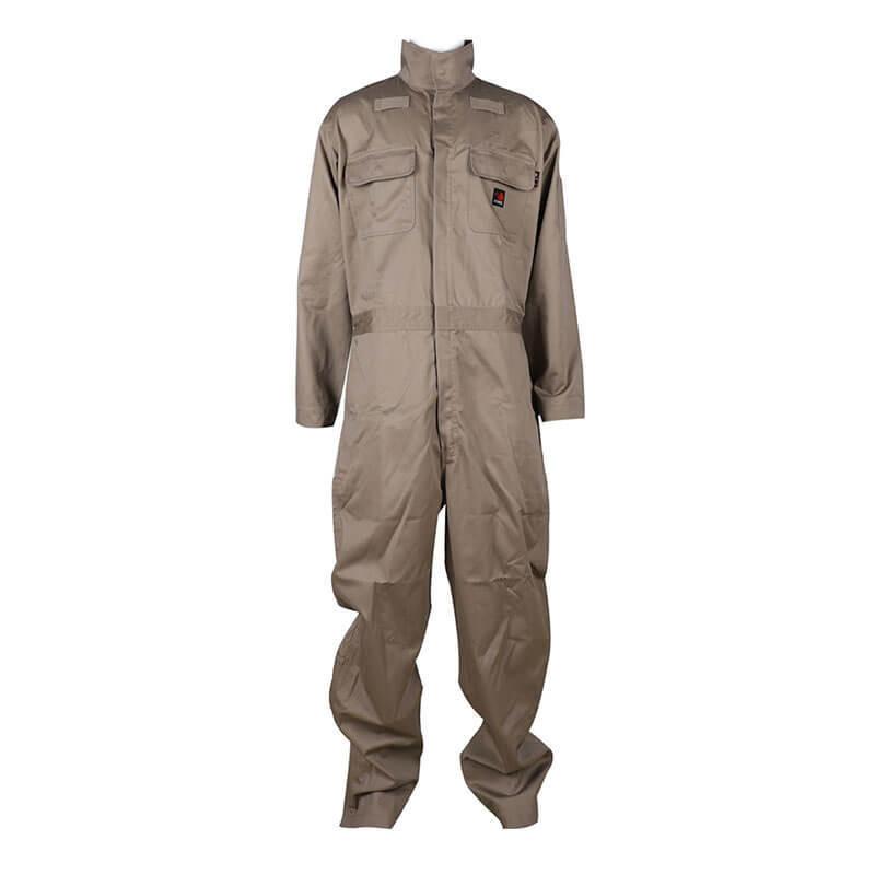 Introducing the ForgeFR 7.5 Oz Coverall MFRCVRL-0014, a brown flame-resistant coverall featuring long sleeves, a high collar, two chest pockets, and a front zipper. This durable workwear piece is showcased against a simple white backdrop.