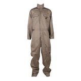 Introducing the ForgeFR 7.5 Oz Coverall MFRCVRL-0014, a brown flame-resistant coverall featuring long sleeves, a high collar, two chest pockets, and a front zipper. This durable workwear piece is showcased against a simple white backdrop.